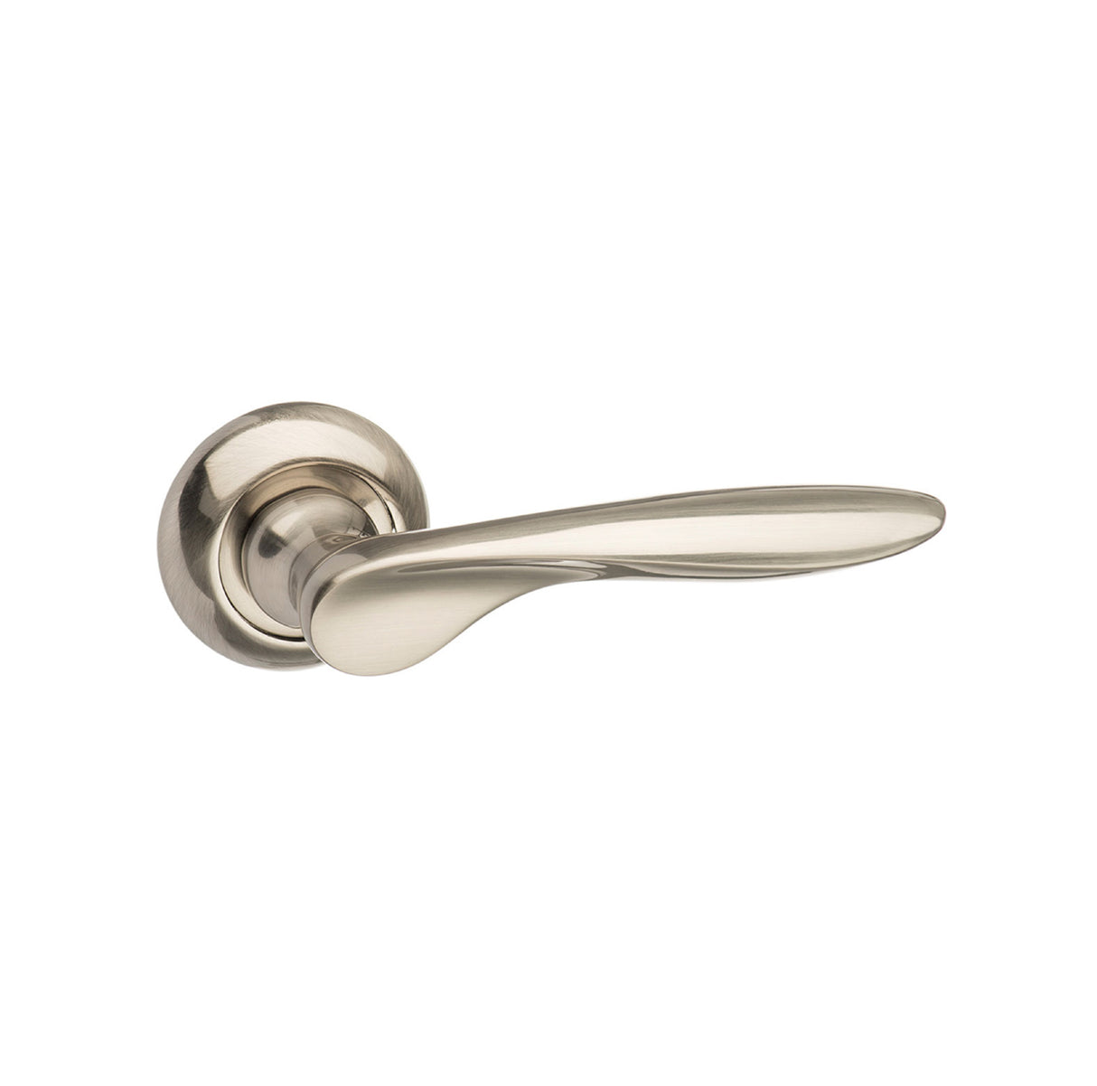 Quality image of Mediterranean Malta Lever Door Handle on Round "C" Rose - Satin Nickel | Sku. mc25sn | available from Trade Door Handles.
