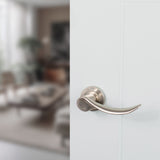 Quality image of Mediterranean Malaga Lever Door Handle on Round Rose - Satin Nickel | Sku. m27sn | available from Trade Door Handles.