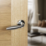 Quality image of Mediterranean Oran Lever Door Handle on Round Rose - Satin Nickel/Polished Chrome | Sku. m73sncp | available from Trade Door Handles.
