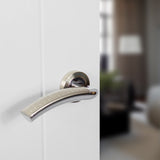 Quality image of Mediterranean Monaco Lever Door Handle on Round Rose - Satin Nickel/Polished Chrome | Sku. m78sncp | available from Trade Door Handles.