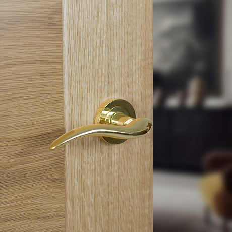 Quality image of Mediterranean Barcelona Lever Door Handle on Round Rose - Polished Brass | Sku. m86bp | available from Trade Door Handles.