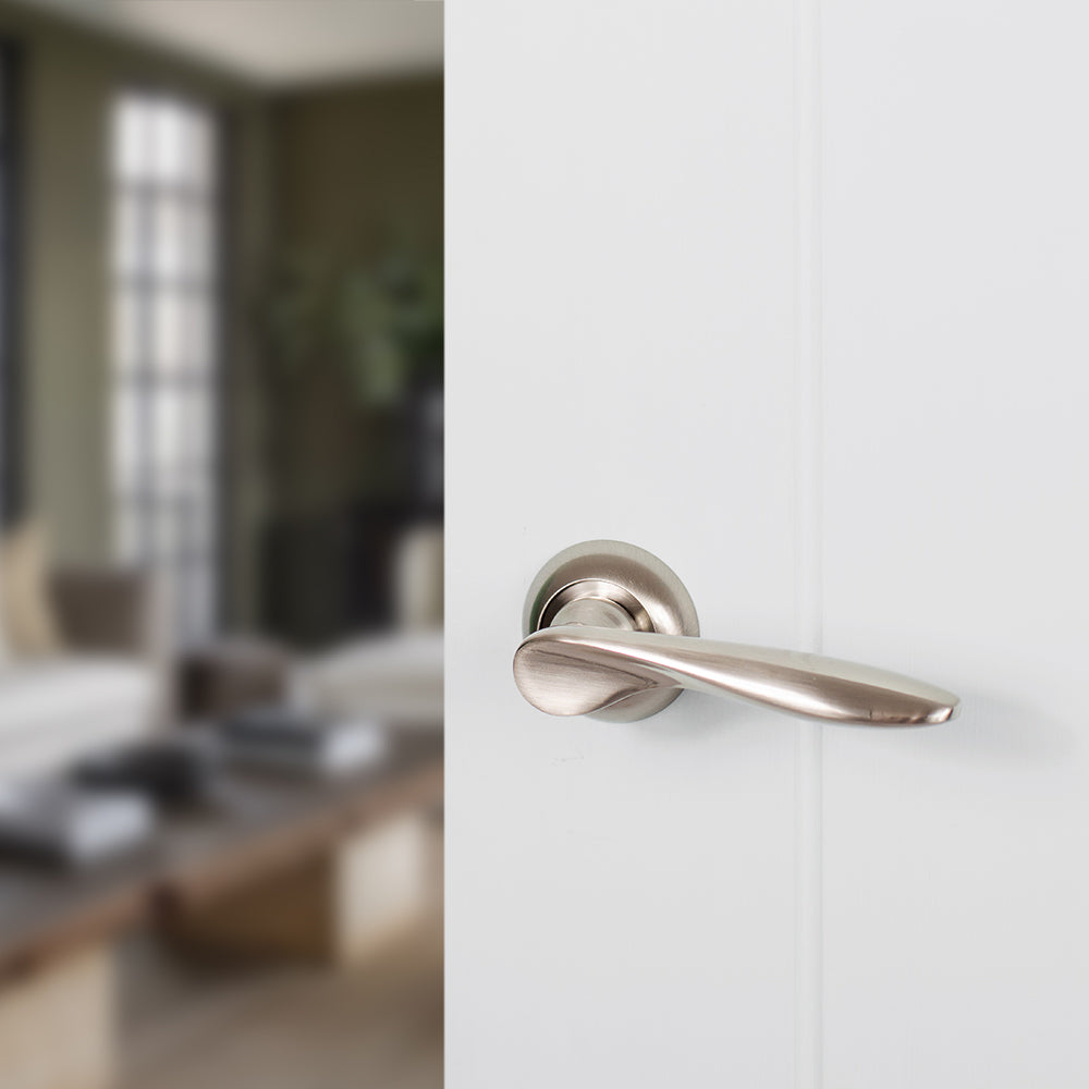 Quality image of Mediterranean Malta Lever Door Handle on Round "C" Rose - Satin Nickel | Sku. mc25sn | available from Trade Door Handles.