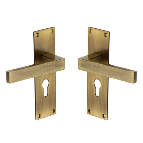 High quality image of the Heritage Brass Door Handle for Euro Profile Plate Metro Design Antique Finish
 | Sku. met4948-at | Discounted prices available from Trade Door Handles