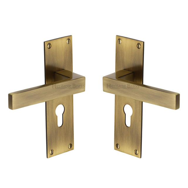 High quality image of the Heritage Brass Door Handle for Euro Profile Plate Metro Design Antique Finish
 | Sku. met4948-at | Discounted prices available from Trade Door Handles
