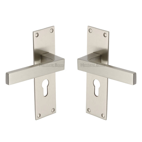 High quality image of the Heritage Brass Door Handle for Euro Profile Plate Metro Design Satin Nickel Finish
 | Sku. met4948-sn | Discounted prices available from Trade Door Handles