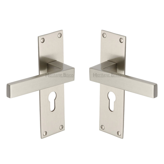 High quality image of the Heritage Brass Door Handle for Euro Profile Plate Metro Design Satin Nickel Finish
 | Sku. met4948-sn | Discounted prices available from Trade Door Handles