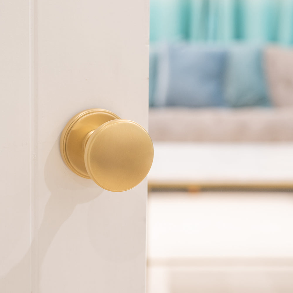 Quality image of Millhouse Brass Edison Solid Brass Domed Mortice Knob on Concealed Fix Rose - Satin Brass | Sku. mh400dmksb | available from Trade Door Handles.
