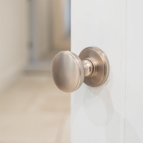 Quality image of Millhouse Brass Edison Solid Brass Domed Mortice Knob on Concealed Fix Rose - Satin Nickel | Sku. mh400dmksn | available from Trade Door Handles.