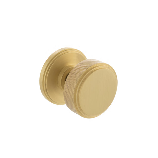 Quality image of Millhouse Brass Harrison Brass Knurled Mortice Knob on Concealed Fix Rose - Satin Brass | Sku. mh450ksmksb | available from Trade Door Handles.