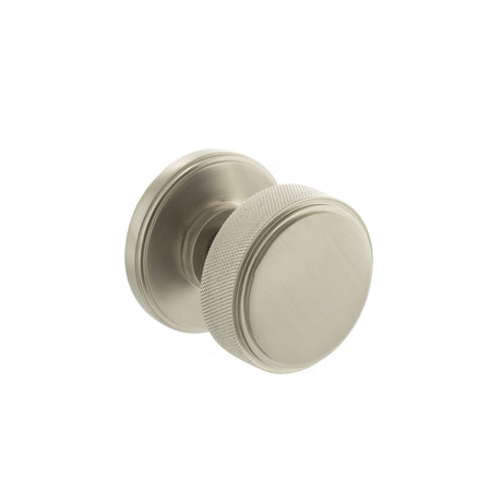 Quality image of Millhouse Brass Harrison Solid Brass Knurled Mortice Door Knob on Concealed Fix Rose - Satin Nickel | Sku. mh450ksmksnsolid | available from Trade Door Handles.
