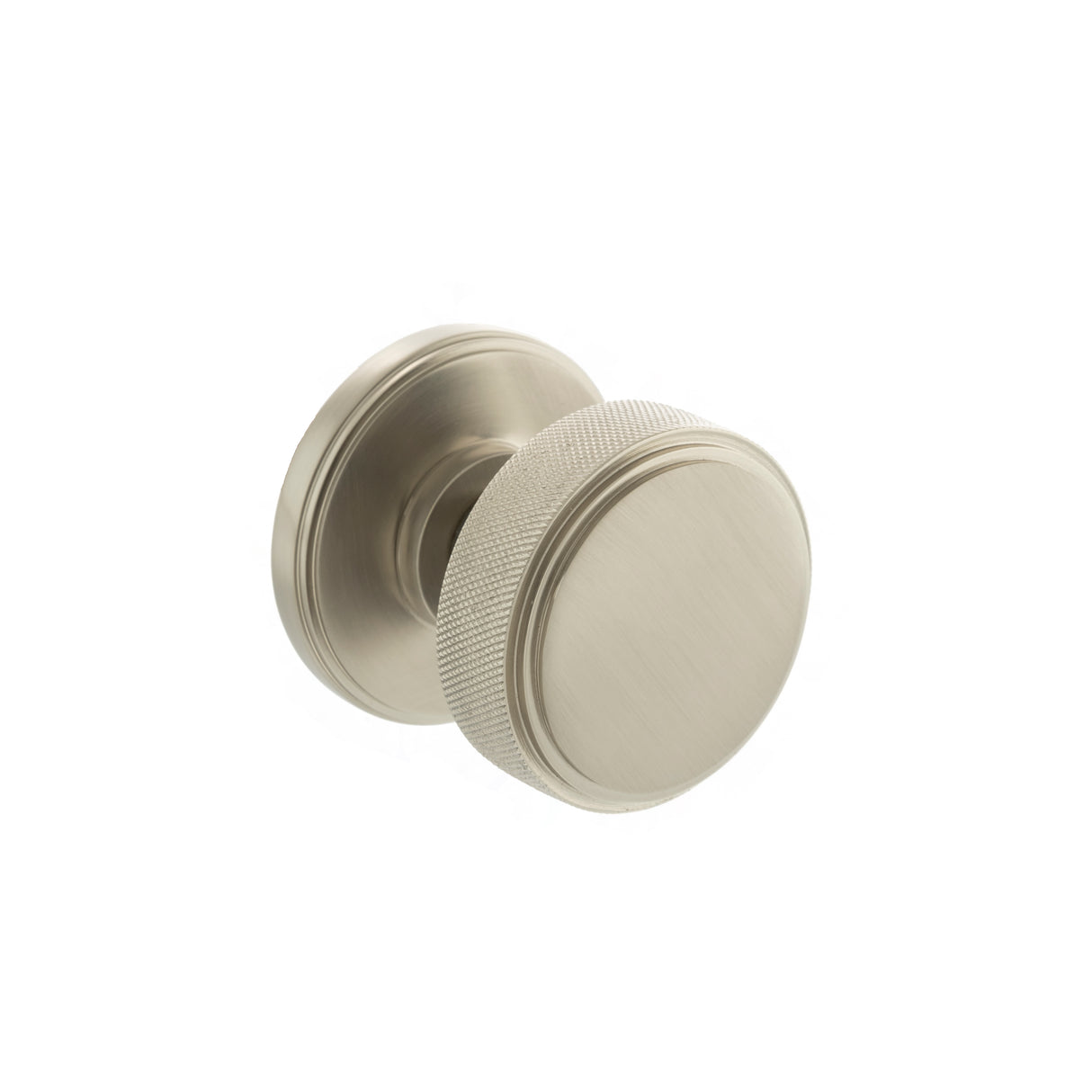 Quality image of Millhouse Brass Harrison Brass Knurled Mortice Knob on Concealed Fix Rose - Satin Nickel | Sku. mh450ksmksn | available from Trade Door Handles.