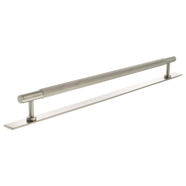 Quality image of Millhouse Brass Eiffel Knurled T-Bar Cabinet Pull Handle on Backplate 320mm - Satin Nickel | Sku. mhckb17320sn | available from Trade Door Handles.