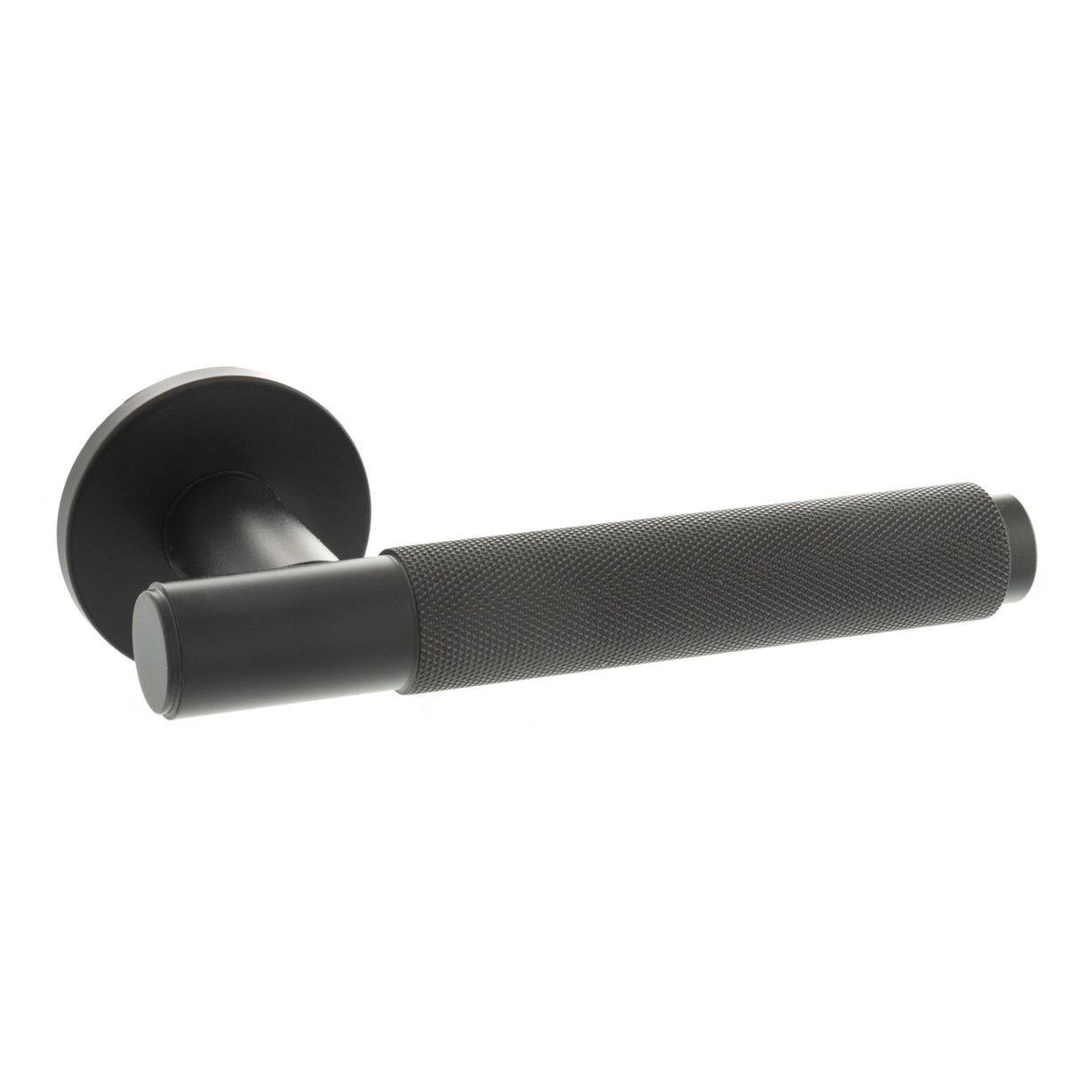 Quality image of Millhouse Brass Crompton Knurled Lever Door Handle on 5mm Slimline Round Rose - Matt Black | Sku. mhsr100mb | available from Trade Door Handles.