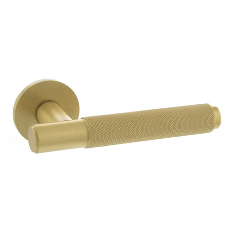 Quality image of Millhouse Brass Crompton Knurled Lever Door Handle on 5mm Slimline Round Rose - Satin Brass | Sku. mhsr100sb | available from Trade Door Handles.