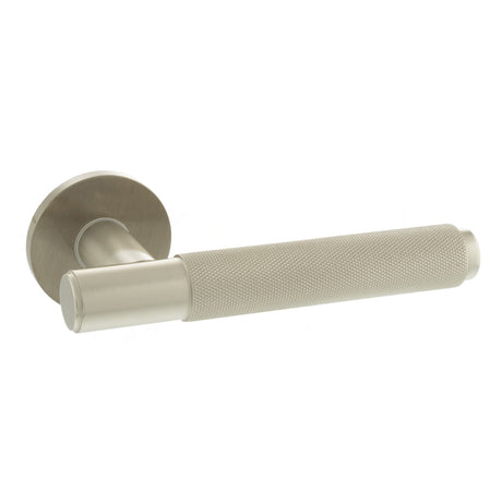 Quality image of Millhouse Brass Crompton Knurled Lever Door Handle on 5mm Slimline Round Rose - Satin Nickel | Sku. mhsr100sn | available from Trade Door Handles.