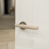 Quality image of Millhouse Brass Crompton Knurled Lever Door Handle on 5mm Slimline Round Rose - Satin Nickel | Sku. mhsr100sn | available from Trade Door Handles.