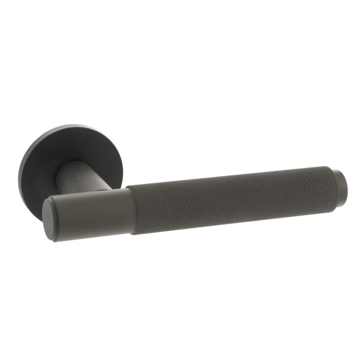 Quality image of Millhouse Brass Crompton Knurled Lever Door Handle on 5mm Slimline Round Rose - Urban Dark Bronze | Sku. mhsr100udb | available from Trade Door Handles.