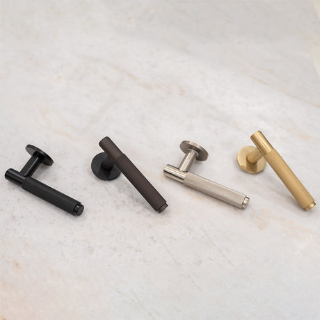 Quality image of Millhouse Brass Crompton Knurled Lever Door Handle on 5mm Slimline Round Rose - Urban Dark Bronze | Sku. mhsr100udb | available from Trade Door Handles.