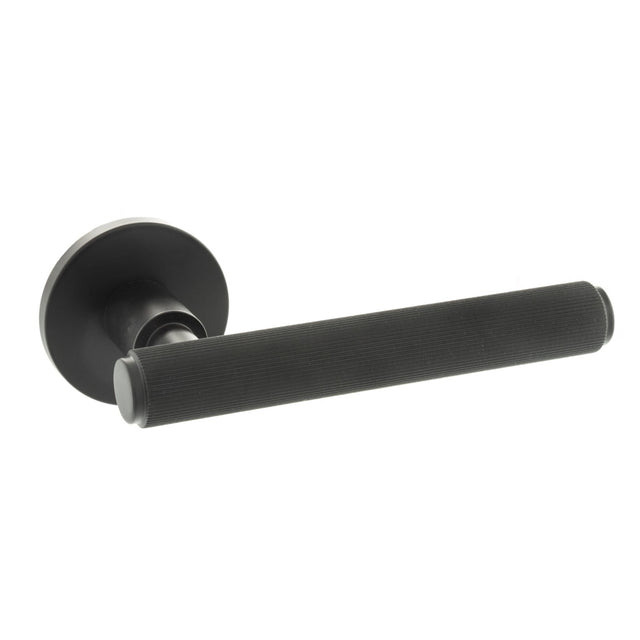 Quality image of Millhouse Brass Stephenson Knurled Lever Door Handle on 5mm Slimline Round Rose - Matt Black | Sku. mhsr250mb | available from Trade Door Handles.