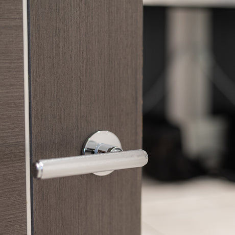 Quality image of Millhouse Brass Stephenson Knurled Lever Door Handle on 5mm Slimline Round Rose - Polished Chrome | Sku. mhsr250pc | available from Trade Door Handles.