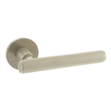 Quality image of Millhouse Brass Stephenson Knurled Lever Door Handle on 5mm Slimline Round Rose - Satin Nickel | Sku. mhsr250sn | available from Trade Door Handles.