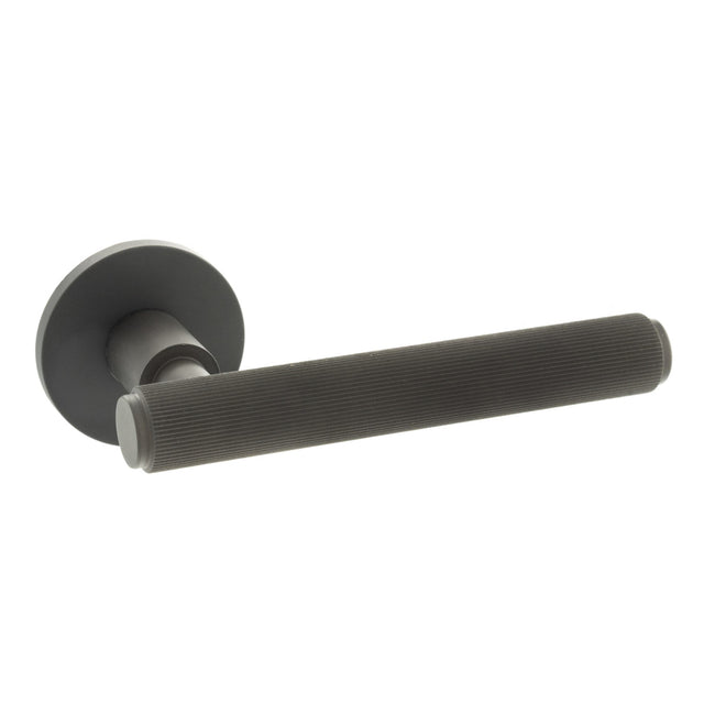 Quality image of Millhouse Brass Stephenson Knurled Lever Door Handle on 5mm Slimline Round Rose - Urban Dark Bronze | Sku. mhsr250udb | available from Trade Door Handles.