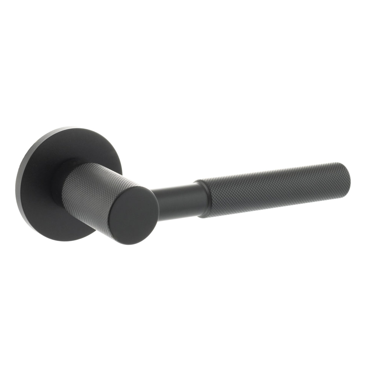 Quality image of Millhouse Brass Mason Knurled Lever Door Handle on 5mm Slimline Round Rose - Matt Black | Sku. mhsr500mb | available from Trade Door Handles.