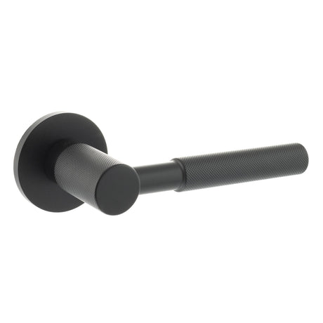 Quality image of Millhouse Brass Mason Knurled Lever Door Handle on 5mm Slimline Round Rose - Matt Black | Sku. mhsr500mb | available from Trade Door Handles.