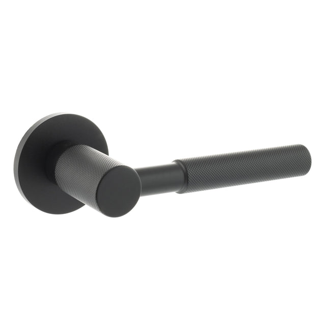 Quality image of Millhouse Brass Mason Knurled Lever Door Handle on 5mm Slimline Round Rose - Matt Black | Sku. mhsr500mb | available from Trade Door Handles.