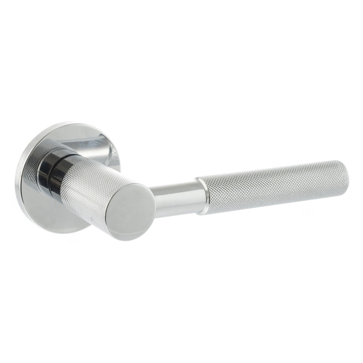 Quality image of Millhouse Brass Mason Knurled Lever Door Handle on 5mm Slimline Round Rose - Polished Chrome | Sku. mhsr500pc | available from Trade Door Handles.