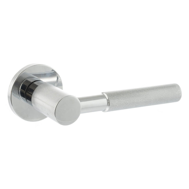 Quality image of Millhouse Brass Mason Knurled Lever Door Handle on 5mm Slimline Round Rose - Polished Chrome | Sku. mhsr500pc | available from Trade Door Handles.