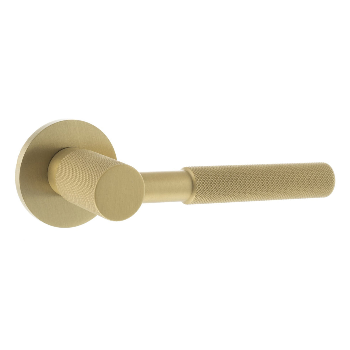 Quality image of Millhouse Brass Mason Knurled Lever Door Handle on 5mm Slimline Round Rose - Satin Brass | Sku. mhsr500sb | available from Trade Door Handles.