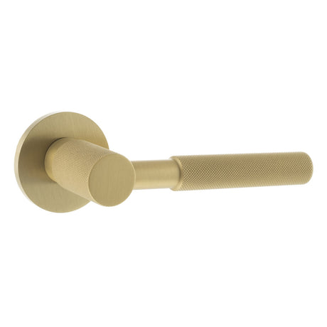 Quality image of Millhouse Brass Mason Knurled Lever Door Handle on 5mm Slimline Round Rose - Satin Brass | Sku. mhsr500sb | available from Trade Door Handles.