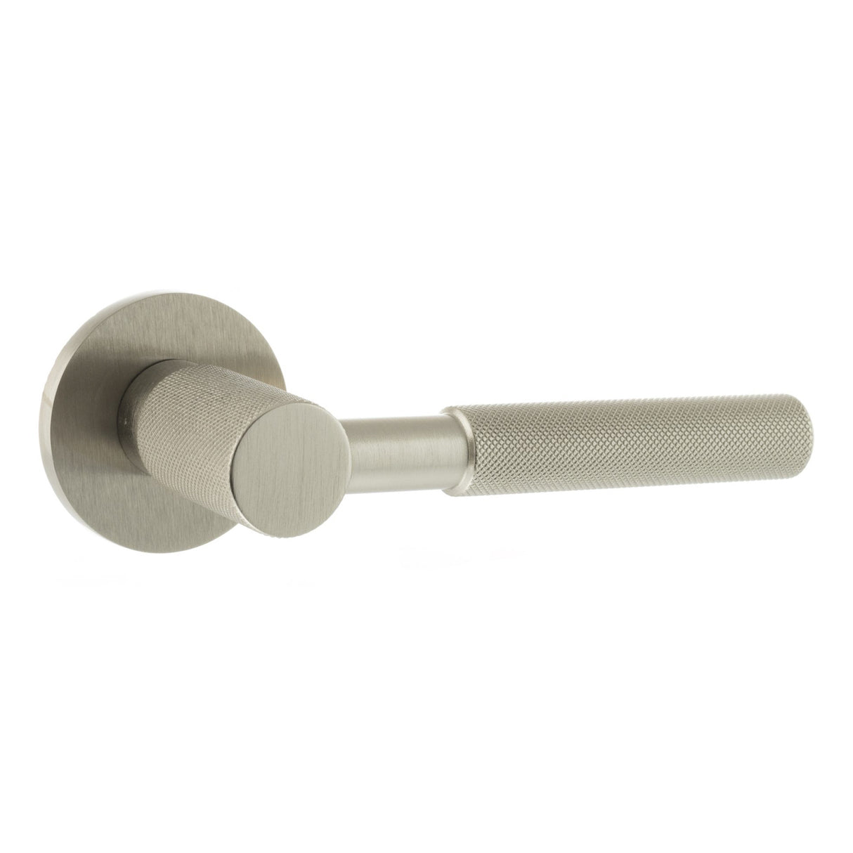 Quality image of Millhouse Brass Mason Knurled Lever Door Handle on 5mm Slimline Round Rose - Satin Nickel | Sku. mhsr500sn | available from Trade Door Handles.