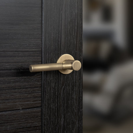 Quality image of Millhouse Brass Mason Knurled Lever Door Handle on 5mm Slimline Round Rose - Yester Bronze | Sku. mhsr500yb | available from Trade Door Handles.