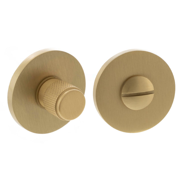 Quality image of Millhouse Brass Knurled WC Turn and Release on 5mm Slimline Round Rose - Satin Brass | Sku. mhsrkwcsb | available from Trade Door Handles.