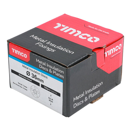 This is an image of Timco - Metal Insulation Discs - Stainless Steel 36mm - (100 PCS Box) MID36SS