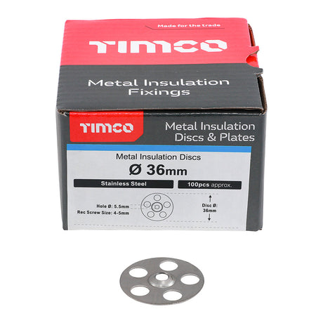 This is an image of Timco - Metal Insulation Discs - Stainless Steel 36mm - (100 PCS Box) MID36SS