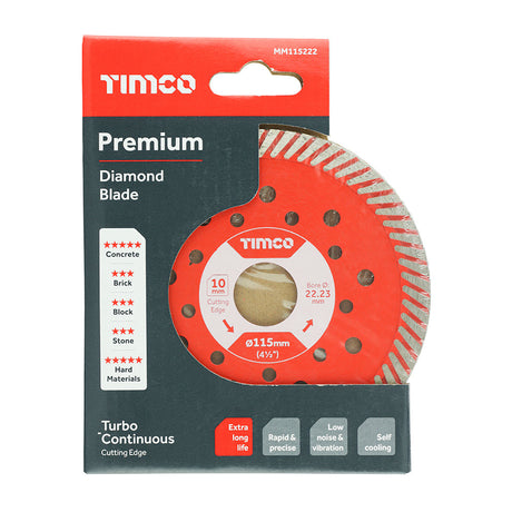 This is an image of Timco - Premium Diamond Blade - Turbo Continuous 115 x 22.2 (1 Each Box) MM115222