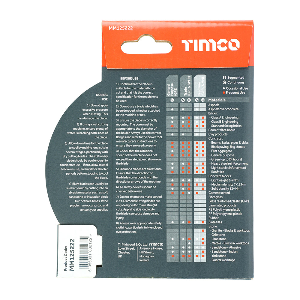 This is an image of Timco - Premium Diamond Blade - Turbo Continuous 125 x 22.2 (1 Each Box) MM125222