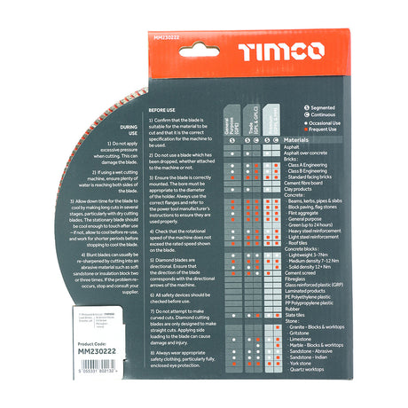This is an image of Timco - Premium Diamond Blade - Turbo Continuous 230 x 22.2 (1 Each Box) MM230222