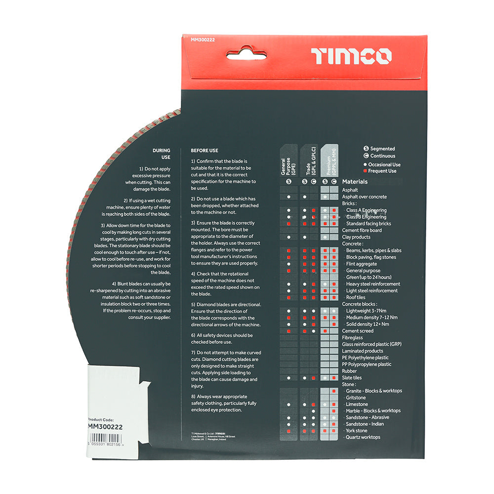 This is an image of Timco - Premium Diamond Blade - Turbo Continuous 300 x 22.2 (1 Each Box) MM300222