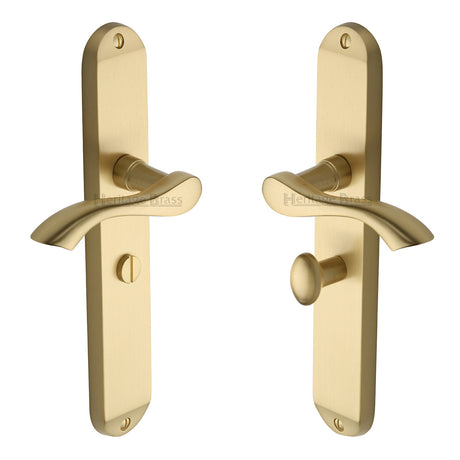 High quality image of the Heritage Brass Door Handle for Bathroom Algarve Long Design Satin Brass Finish | Sku. mm7230-sb | Discounted prices available from Trade Door Handles