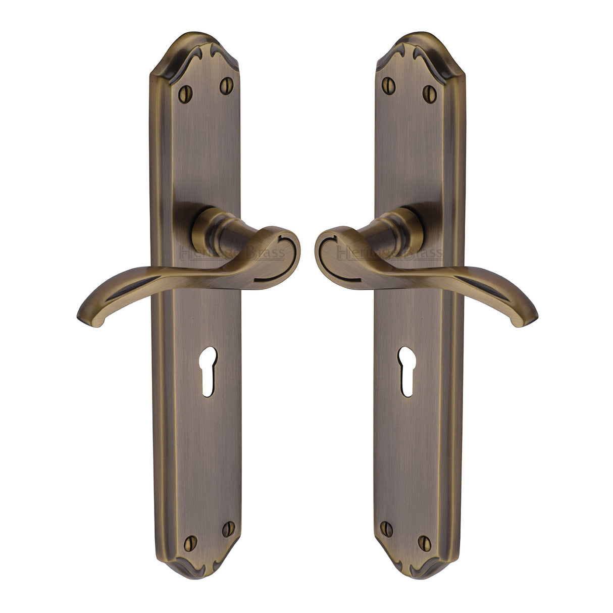 High quality image of the Heritage Brass Door Handle Lever Lock Verona Long Design Antique Brass Finish
 | Sku. mm824-at | Discounted prices available from Trade Door Handles
