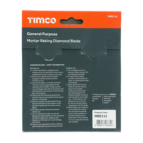 This is an image of Timco - Mortar Raking Diamond Blade - Segmented 115 x 22.2 (1 Each Box) MRE115