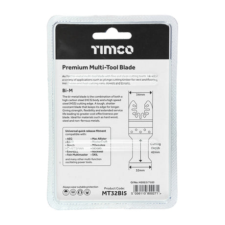 This is an image of Timco - Premium Multi-Tool Blades - Straight - For Wood/Metal - 5pcs 32mm (5 Pieces Blister Pack) MT32BI5