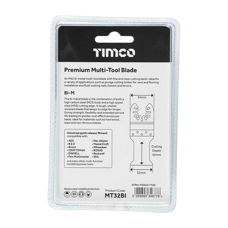 This is an image of Timco - Premium Multi-Tool Blade - Straight - For Wood/Metal 32mm (1 Each Blister Pack) MT32BI