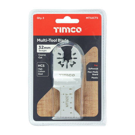 This is an image of Timco - Multi-Tool Blades - Straight Coarse - For Wood - 5pcs 32mm (5 Pieces Blister Pack) MT32CT5