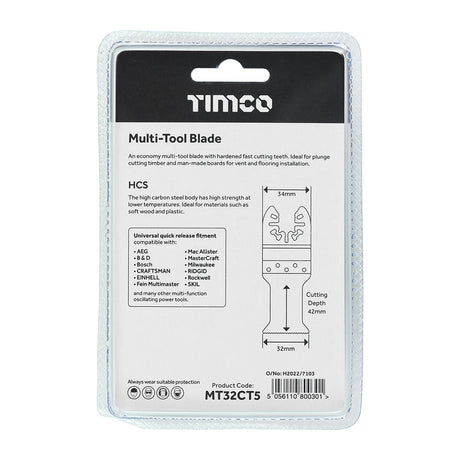 This is an image of Timco - Multi-Tool Blades - Straight Coarse - For Wood - 5pcs 32mm (5 Pieces Blister Pack) MT32CT5