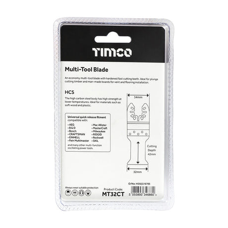 This is an image of Timco - Multi-Tool Blade - Straight Coarse - For Wood 32mm (1 Each Blister Pack) MT32CT
